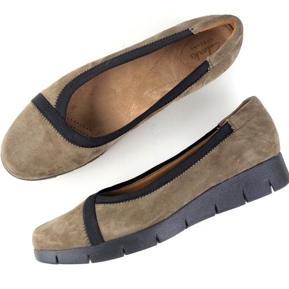 Clarks Shoes - Clarks Artisan Daelyn Hill Suede Leather  Tan & Black Platform Low Wedge…